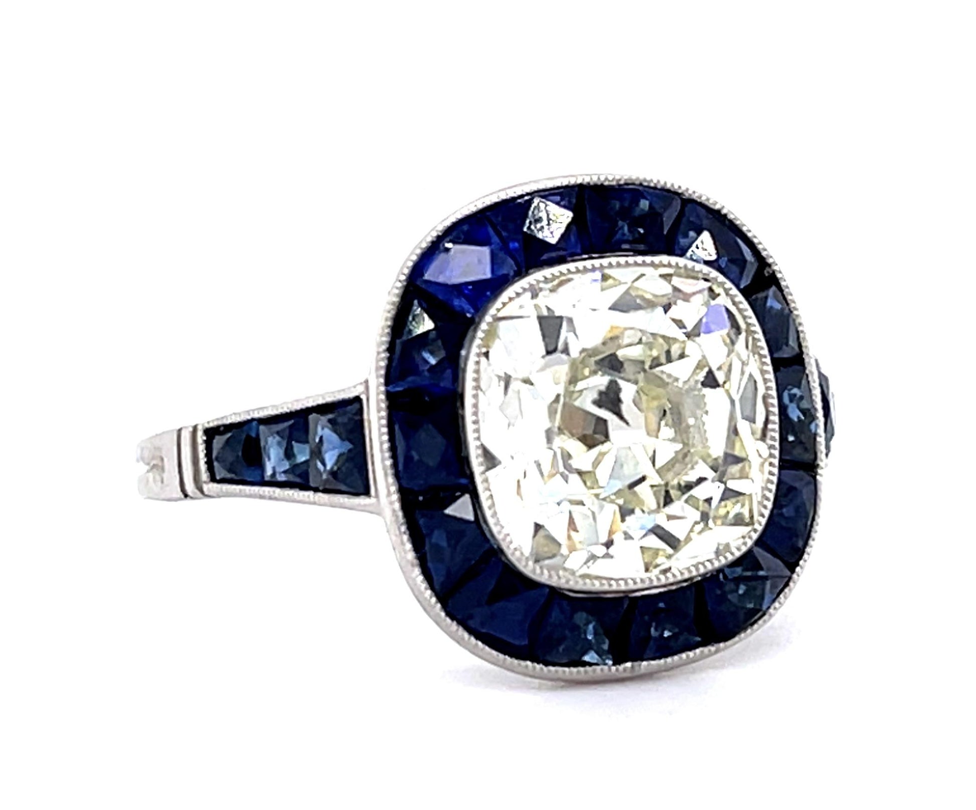 3.01ct Old European Center Diamond 2.45ct Sapphire PT Handmade Ring