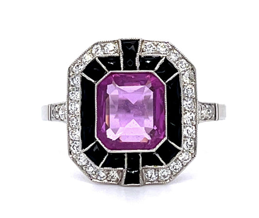 2.09ct Pink Sapphire .40ct Diamond French-cut Onyx PT Handmade Ring