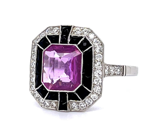 2.09ct Pink Sapphire .40ct Diamond French-cut Onyx PT Handmade Ring