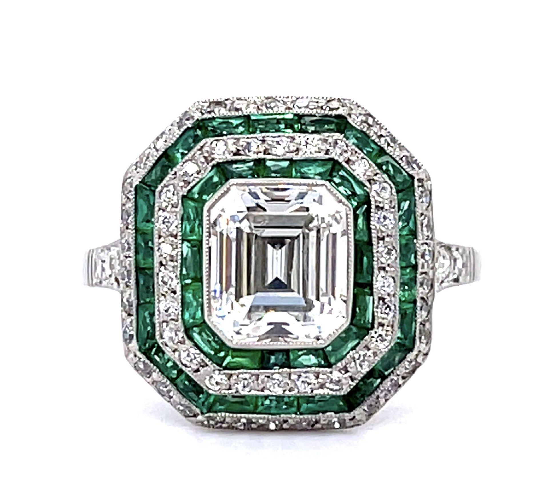 1.70ct H VS1 Emerald-cut Diamond 1.01ct Emerald Platinum Handmade Ring .44ct SD