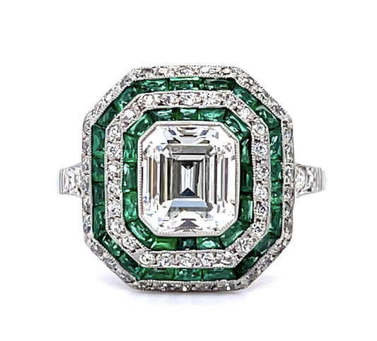 1.70ct H VS1 Emerald-cut Diamond 1.01ct Emerald Platinum Handmade Ring .44ct SD