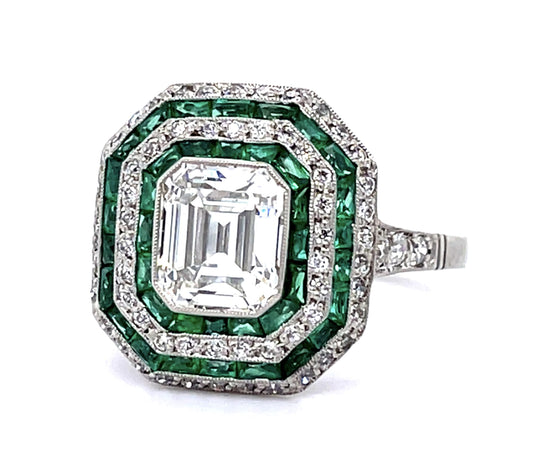 1.70ct H VS1 Emerald-cut Diamond 1.01ct Emerald Platinum Handmade Ring .44ct SD