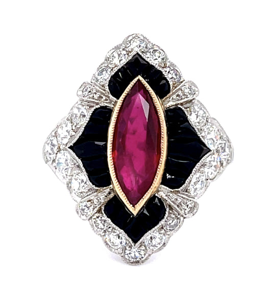 1.60ct Marquise Ruby 1.25ct Diamond + Onyx PT Handmade Ring