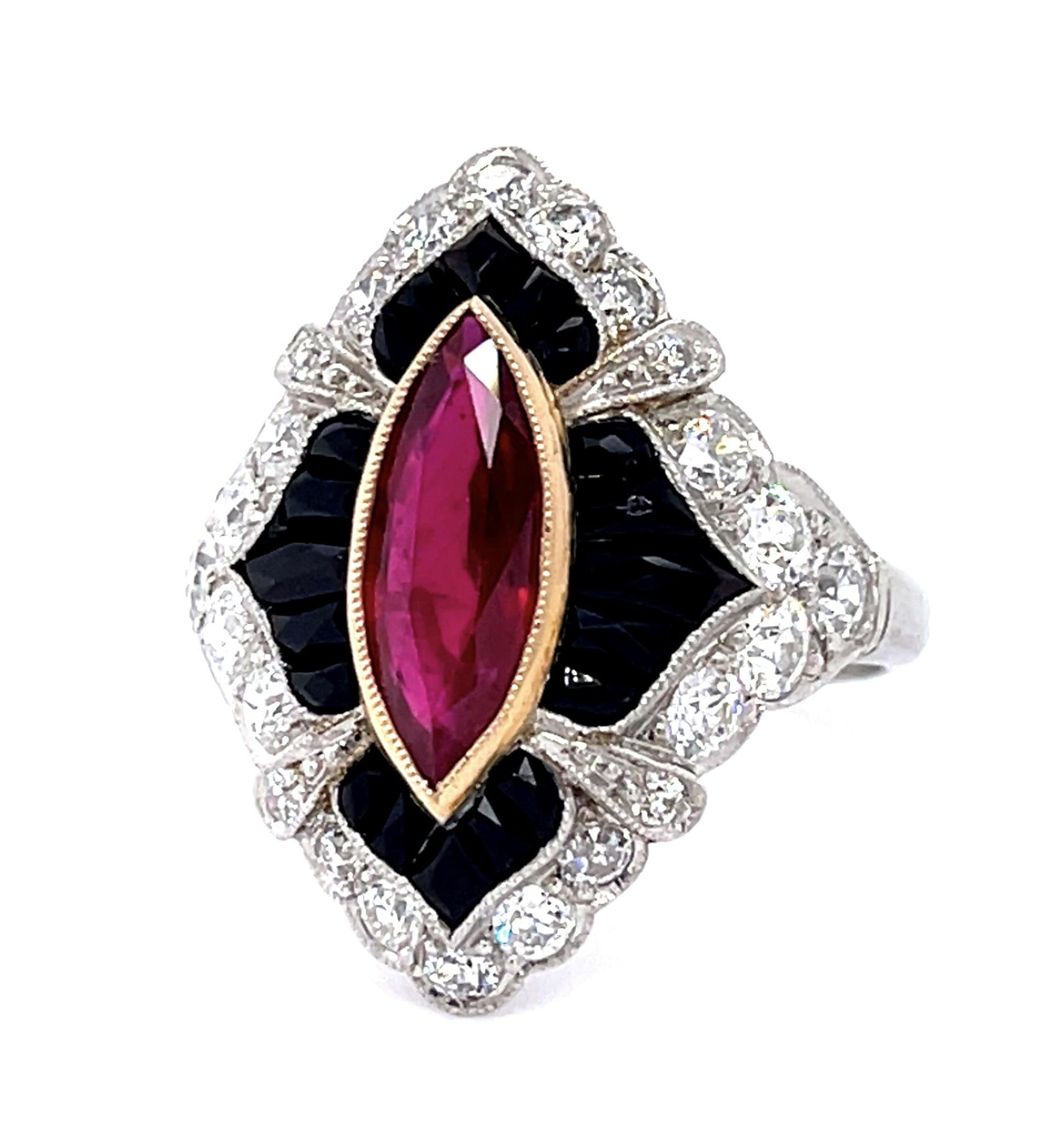 1.60ct Marquise Ruby 1.25ct Diamond + Onyx PT Handmade Ring