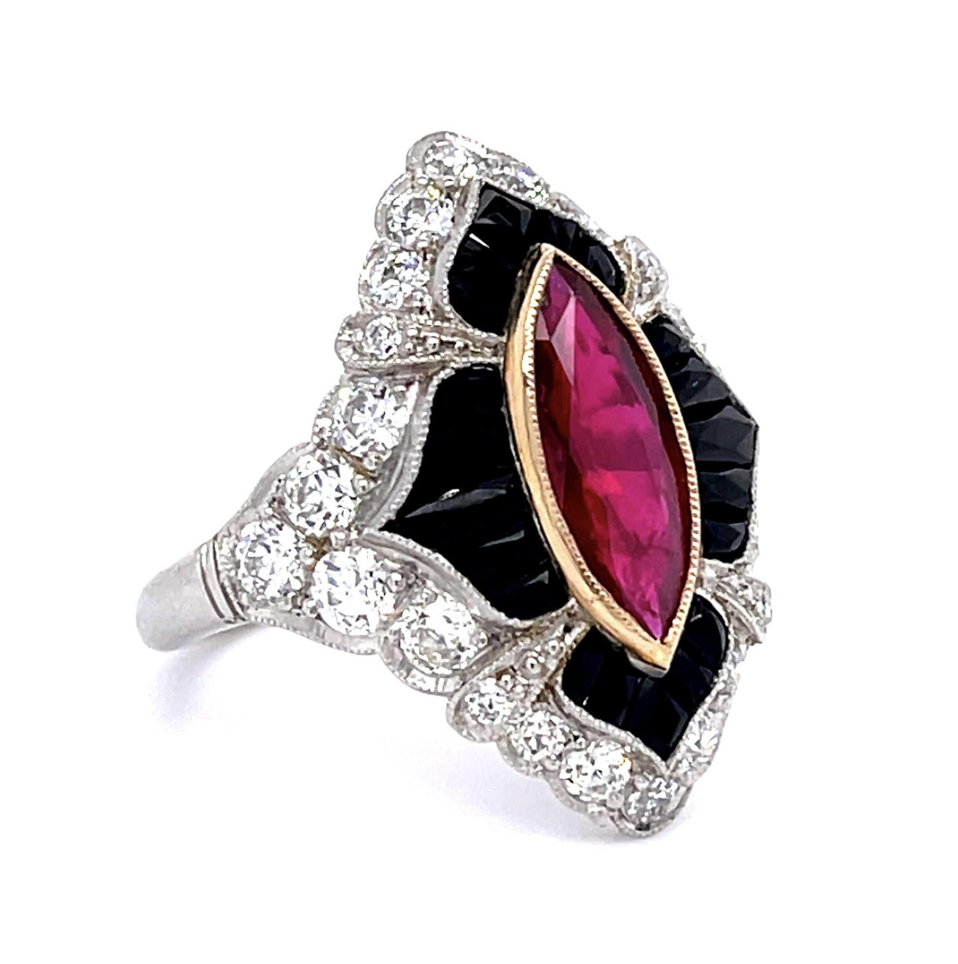 1.60ct Marquise Ruby 1.25ct Diamond + Onyx PT Handmade Ring