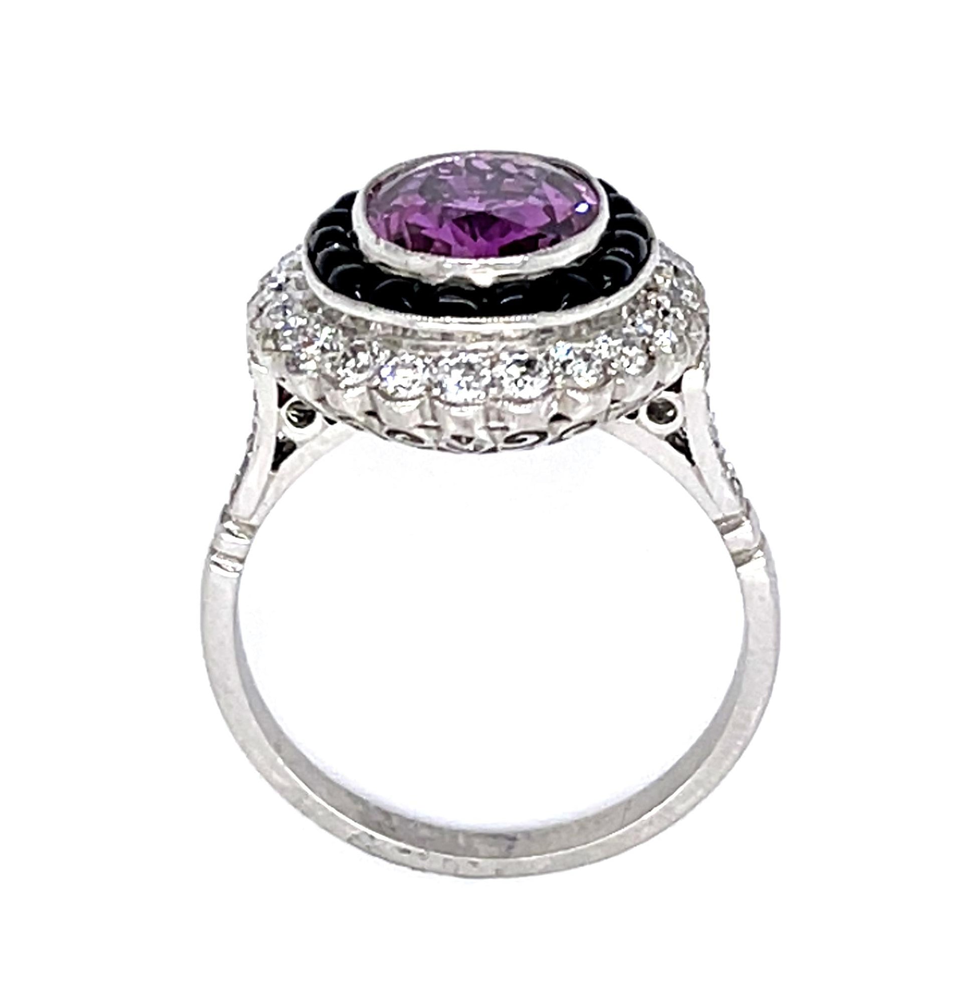 3.36ct Pink Sapphire .84ct Diamond + Onyx PT Handmade Ring