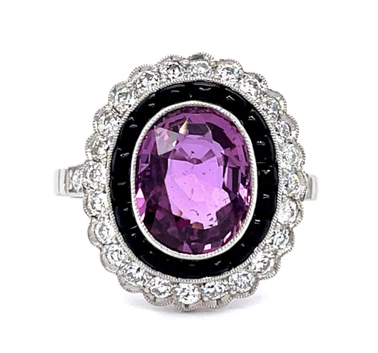 3.36ct Pink Sapphire .84ct Diamond + Onyx PT Handmade Ring