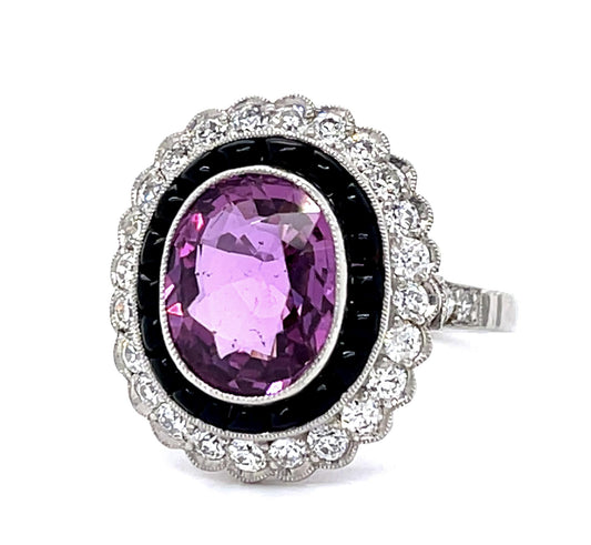 3.36ct Pink Sapphire .84ct Diamond + Onyx PT Handmade Ring