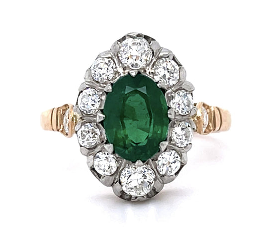 1.18ct Oval Emerald 1.30ct Old European Diamonds 18K 2 Tone Handmade Ring