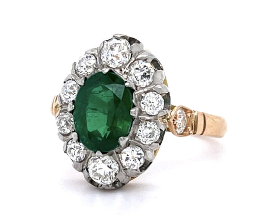1.18ct Oval Emerald 1.30ct Old European Diamonds 18K 2 Tone Handmade Ring