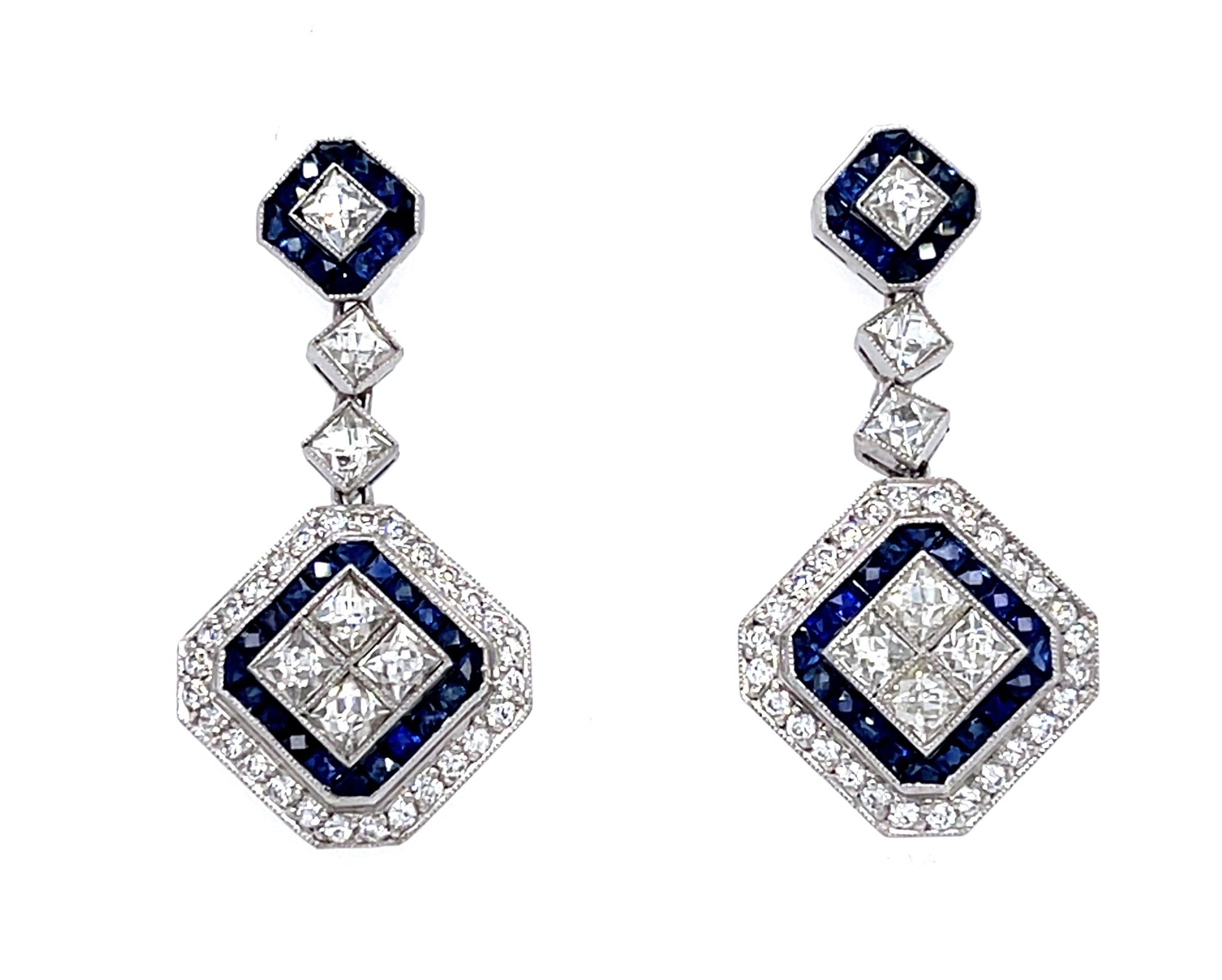 2.15ct (14 Antique French-cut Dia) 1.80ct Sap PT Handmade Earrings .67ct SD