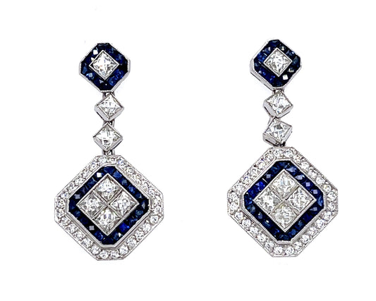 2.15ct (14 Antique French-cut Dia) 1.80ct Sap PT Handmade Earrings .67ct SD