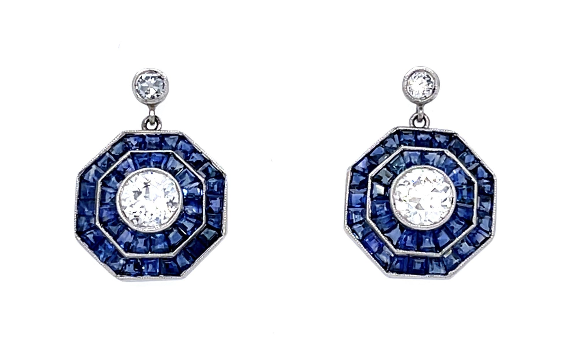 1.15ct Old European Diamonds 5ct Sapphire PT Handmade Earrings
