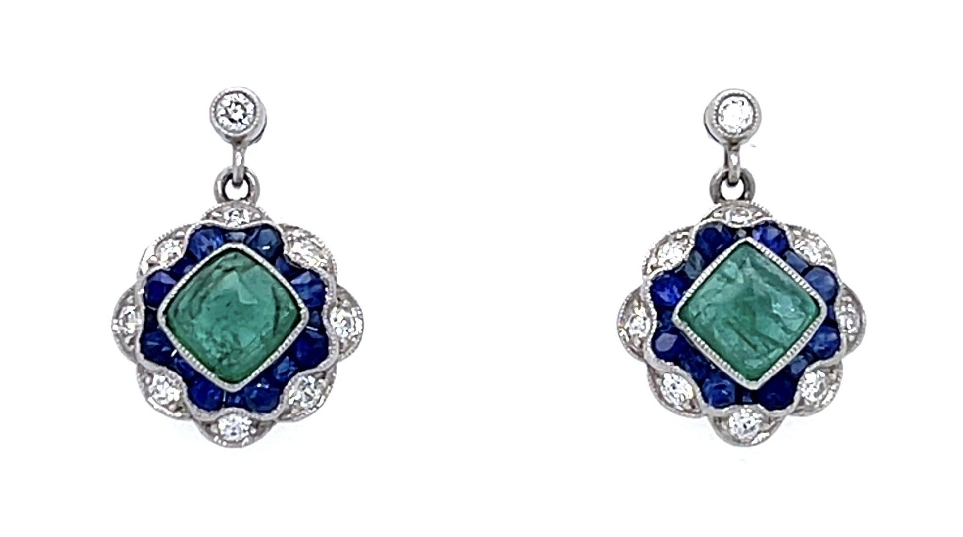1.94ct Emerald 2.80ct Sapphire PT Handmade Earrings .43ct Diamond