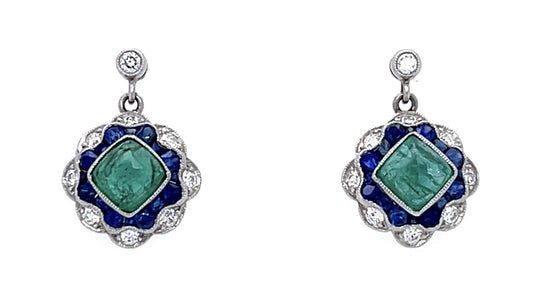 1.94ct Emerald 2.80ct Sapphire PT Handmade Earrings .43ct Diamond