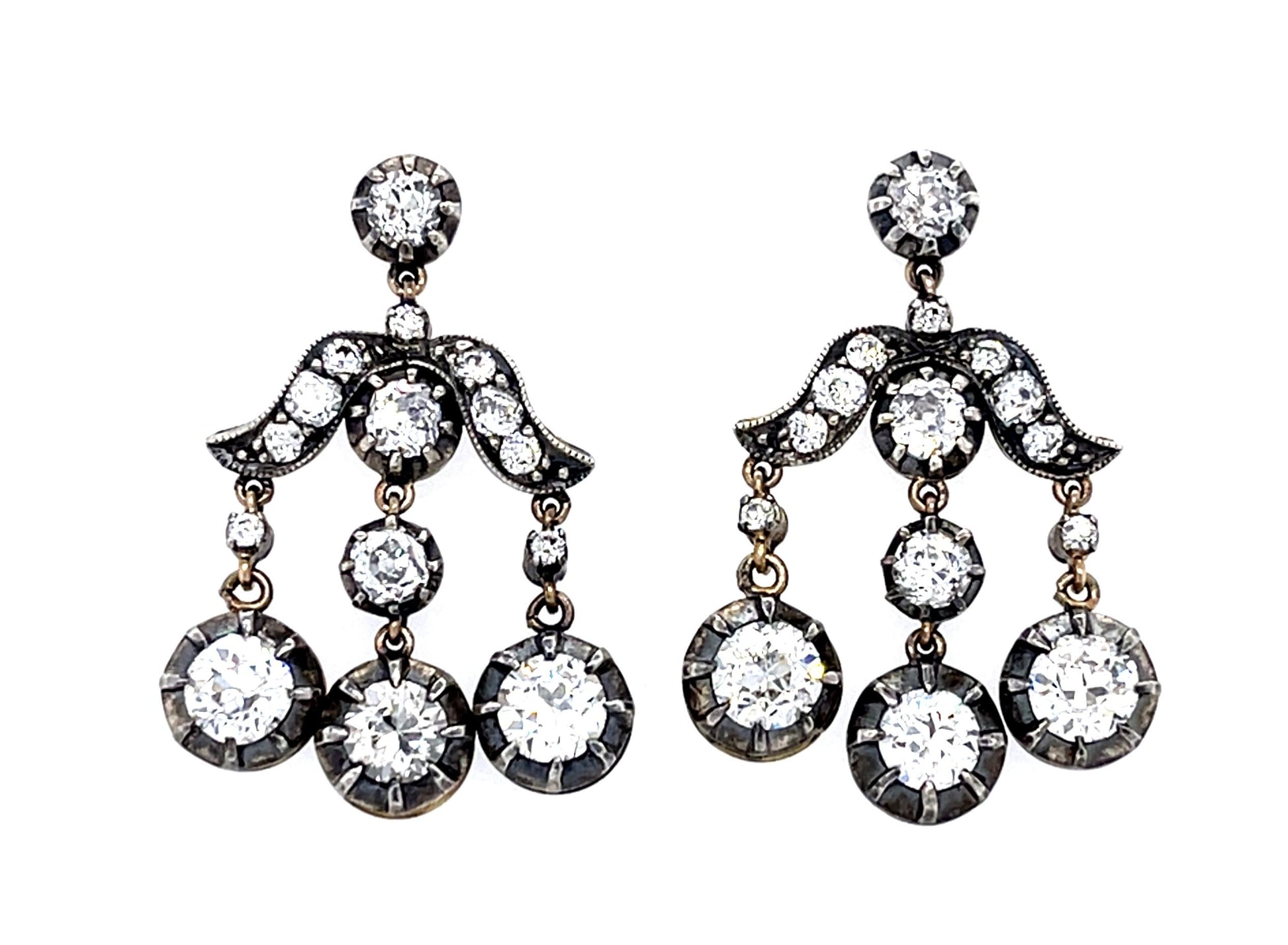 2.70ct (Six Old European Diamonds) 18KY+Silver Chandelier Earrings 2ct SD
