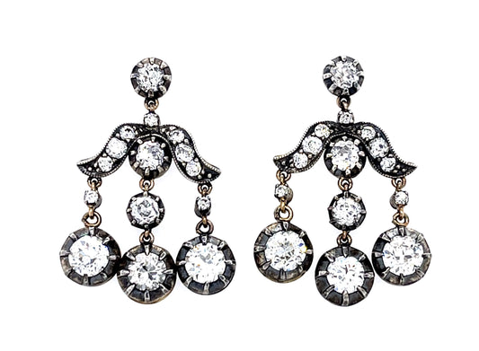 2.70ct (Six Old European Diamonds) 18KY+Silver Chandelier Earrings 2ct SD