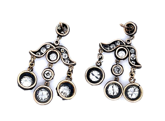 2.70ct (Six Old European Diamonds) 18KY+Silver Chandelier Earrings 2ct SD
