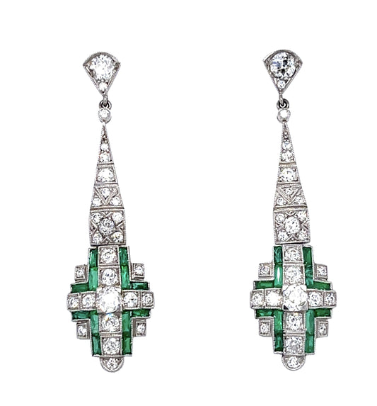 .83ct (4 Old Mine Diamond) 1.41ct (24 Eme) PT Handmade Drop Earrings 1.16ct SD