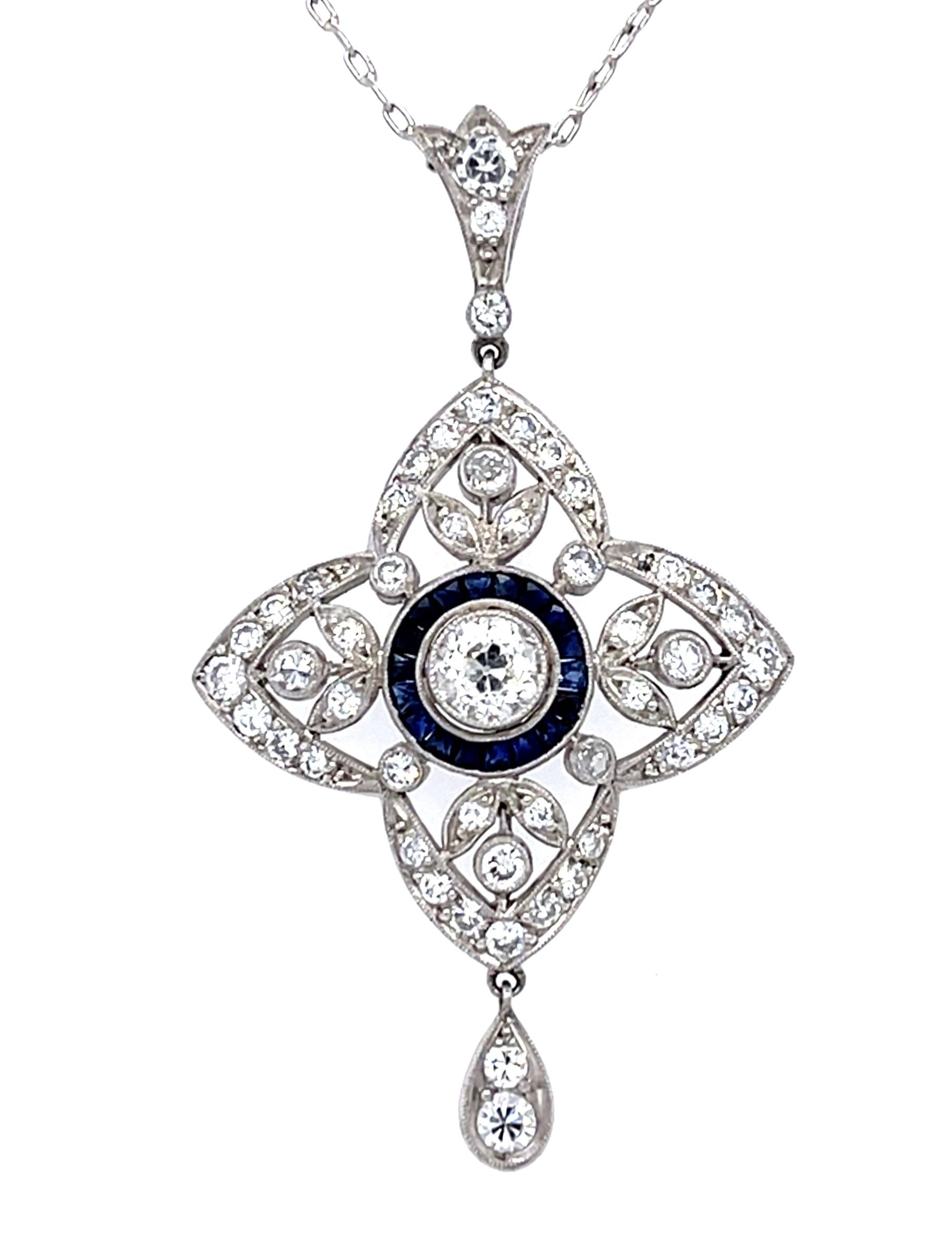 .54ct Old European Center Diamond .35ct Sapphire PT Handmade Pendant 1.13ct SD