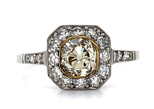 .92ct Old Mine Light Fancy Yellow Diamond PT Handmade Ring .58ct SD