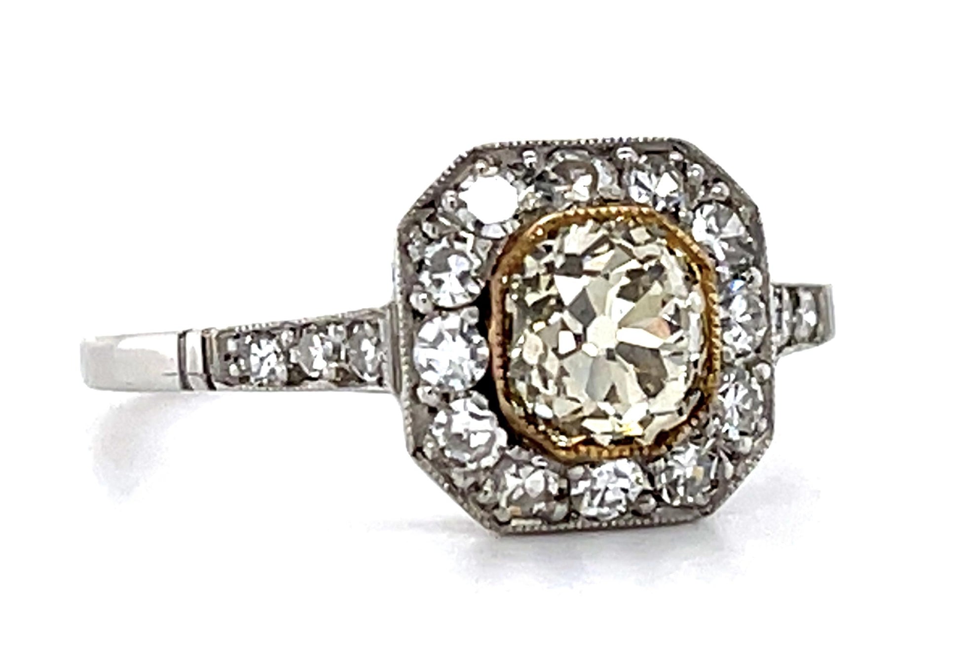 .92ct Old Mine Light Fancy Yellow Diamond PT Handmade Ring .58ct SD