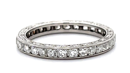 2ct Old Mine Diamond Platinum Hand Engraved + Handmade Band
