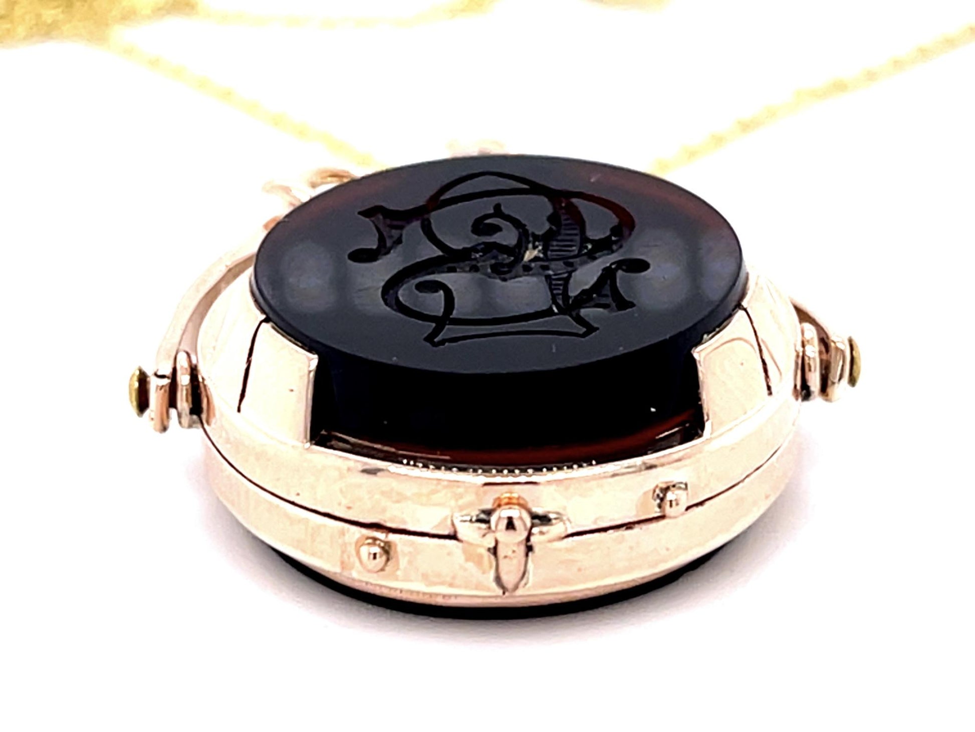 Victorian Carved Bloodstone Spinner Fob 14KY Rose Gold Locket Pendant (1870s)