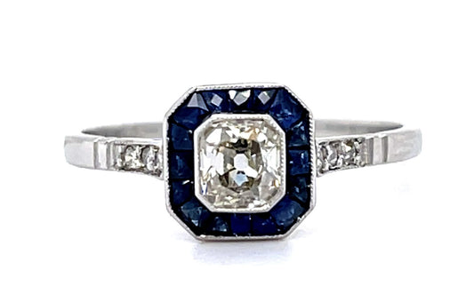 .35ct Antique Cushion Diamond .52ct Sapphire PT Handmade Ring