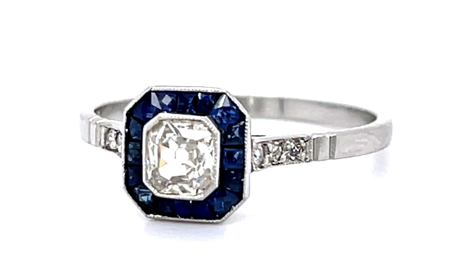 .35ct Antique Cushion Diamond .52ct Sapphire PT Handmade Ring