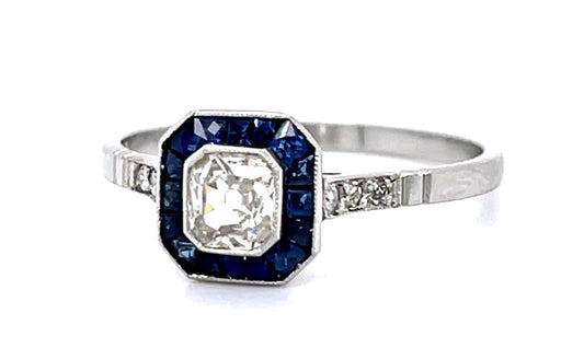 .35ct Antique Cushion Diamond .52ct Sapphire PT Handmade Ring