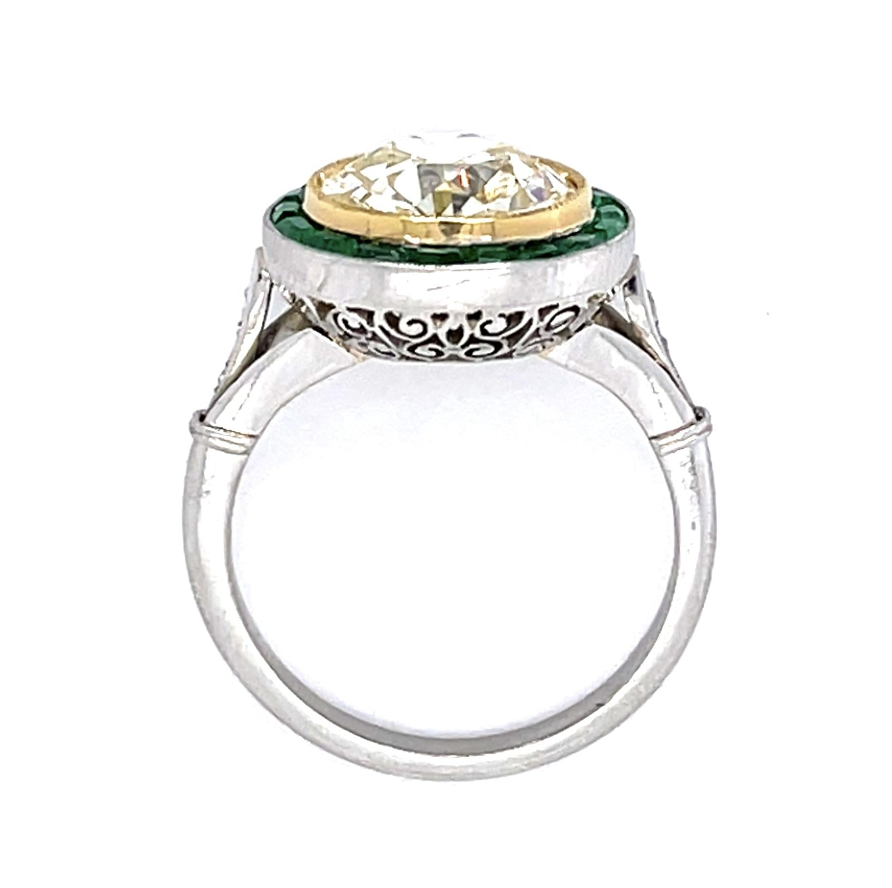 3.12ct Old European Diamond 1ct Emerald PT Handmade Ring