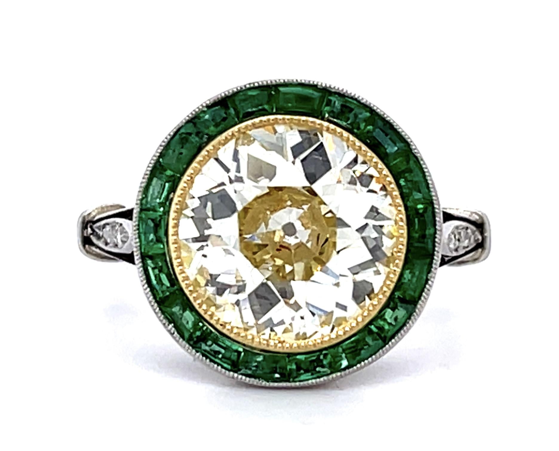 3.12ct Old European Diamond 1ct Emerald PT Handmade Ring
