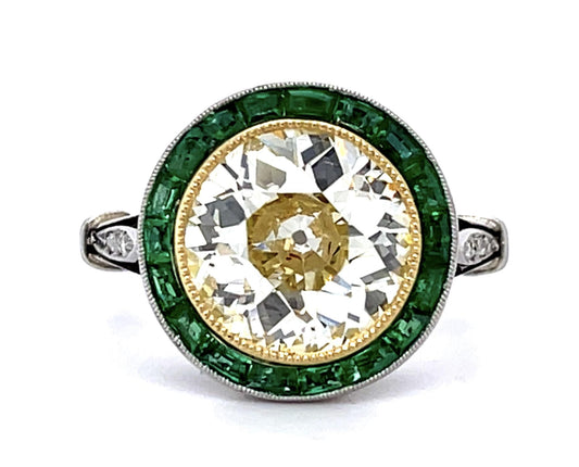 3.12ct Old European Diamond 1ct Emerald PT Handmade Ring