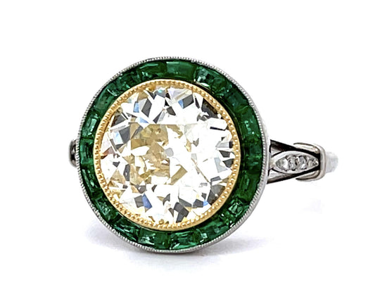 3.12ct Old European Diamond 1ct Emerald PT Handmade Ring