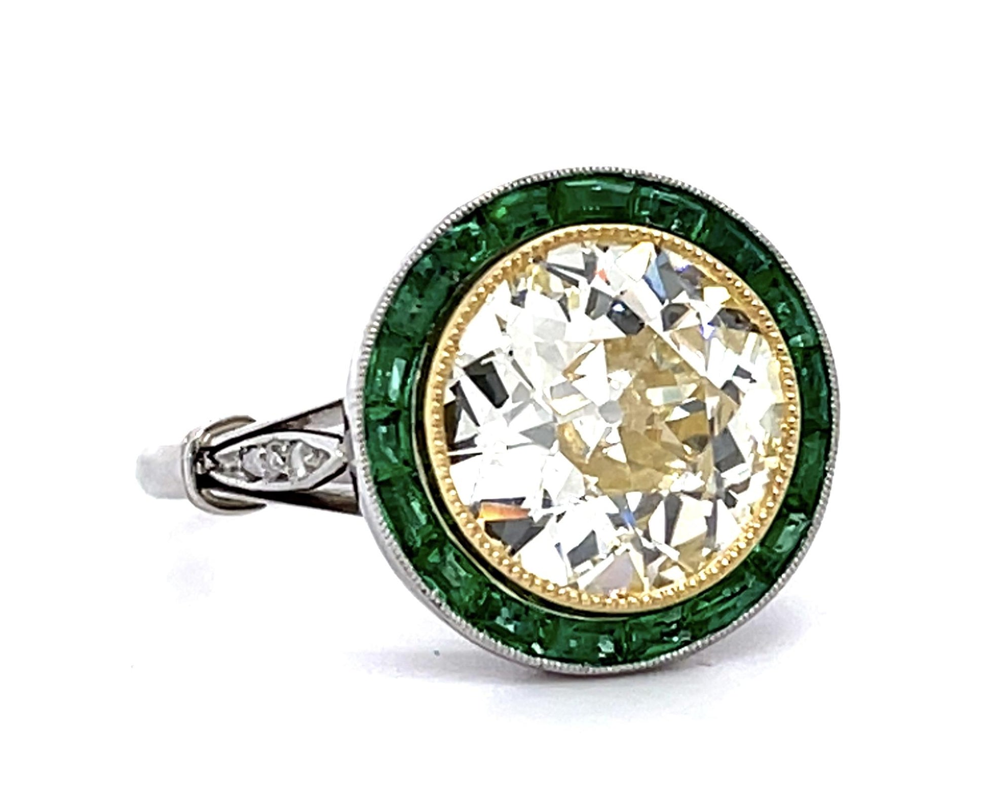 3.12ct Old European Diamond 1ct Emerald PT Handmade Ring