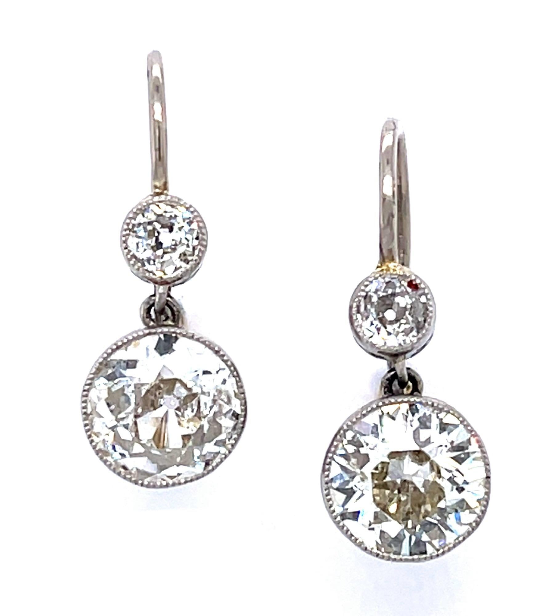 2.99ct Old European Diamond PT+18KY Handmade Earrings