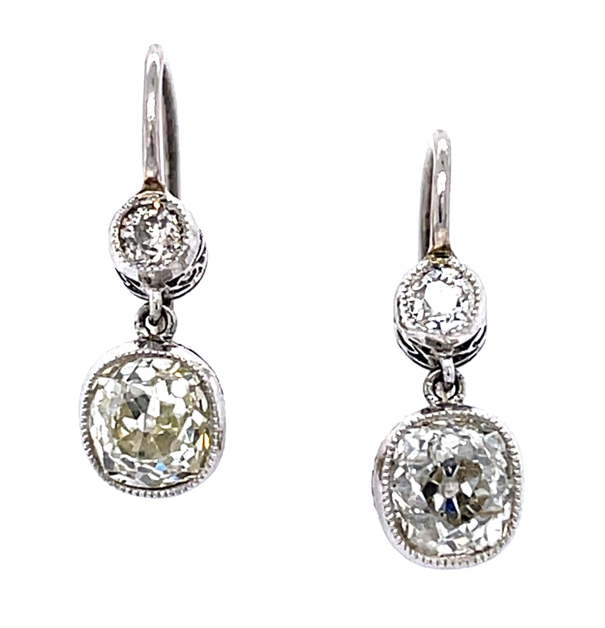 1.82ct Old European Diamonds PT+18KY Handmade Earrings