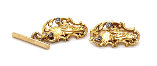 Original Edwardian .24ct Diamond 18KY Horse Cufflinks (Antique 1900s)