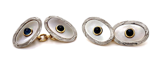 Original Edwardian .60ct Sapphire + Mother of Pearl 18KY+PT Cufflinks