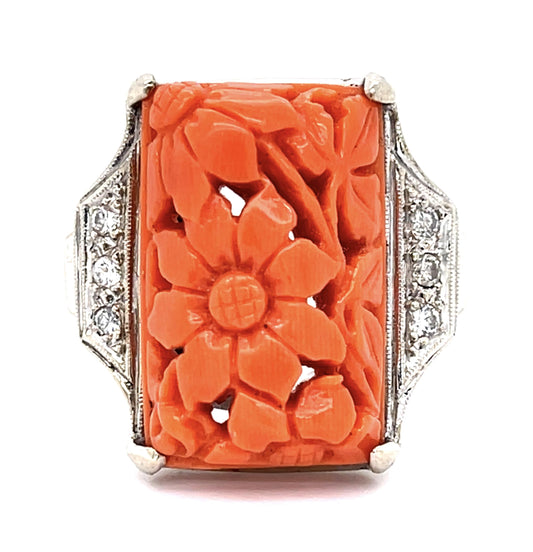 16ct Carved Flower Coral .18ct Diamond 14KY Ring (Vintage 1960s)