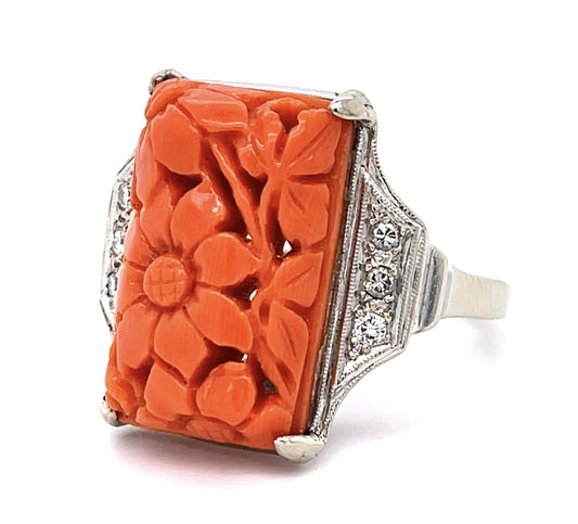 16ct Carved Flower Coral .18ct Diamond 14KY Ring (Vintage 1960s)