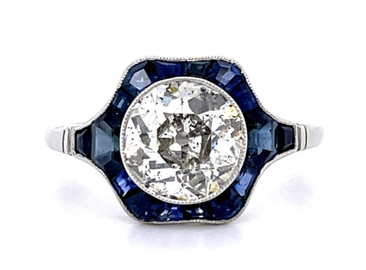 1.76ct Old European Diamond 1.55ct Sapphire PT Handmade Ring