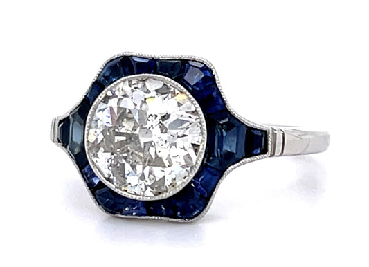 1.76ct Old European Diamond 1.55ct Sapphire PT Handmade Ring
