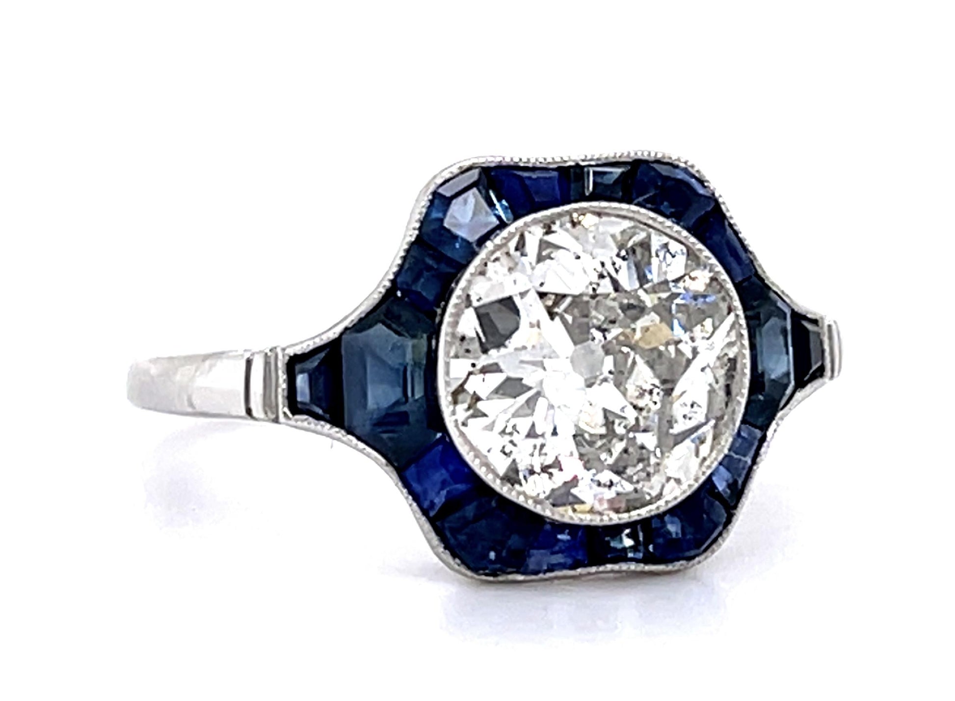 1.76ct Old European Diamond 1.55ct Sapphire PT Handmade Ring