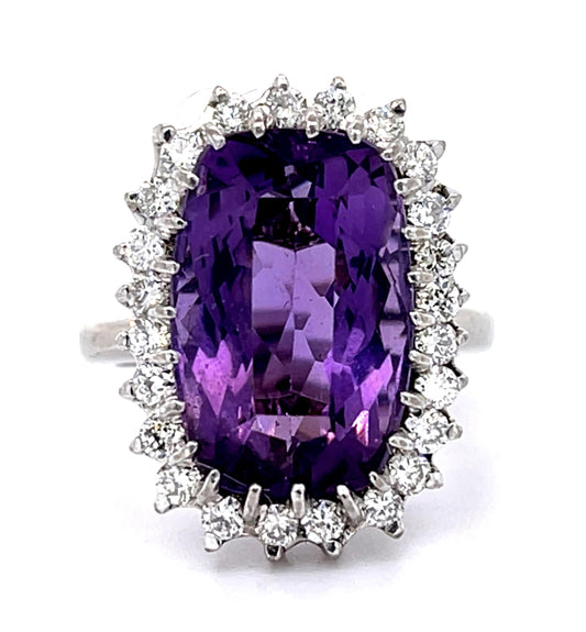 13ct Amethyst 1.20ct Diamond 18KW Handmade Ring (Vintage 1960s)