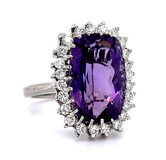 13ct Amethyst 1.20ct Diamond 18KW Handmade Ring (Vintage 1960s)