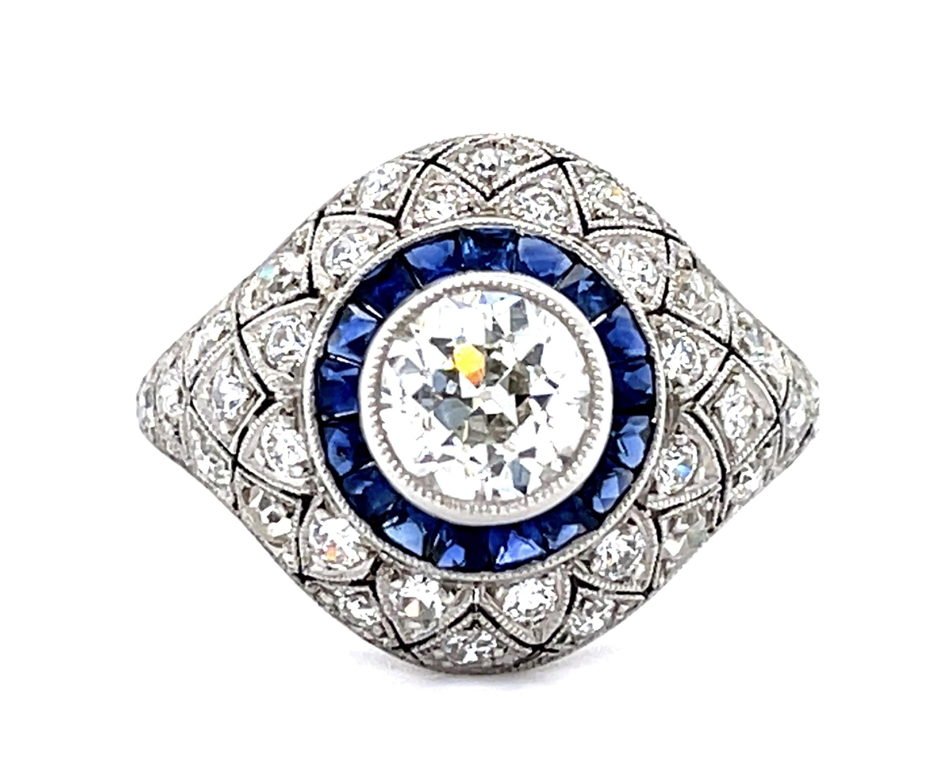 .91ct Old European Diamond Center .98ct Sapphire PT Handmade Ring .40ct SD