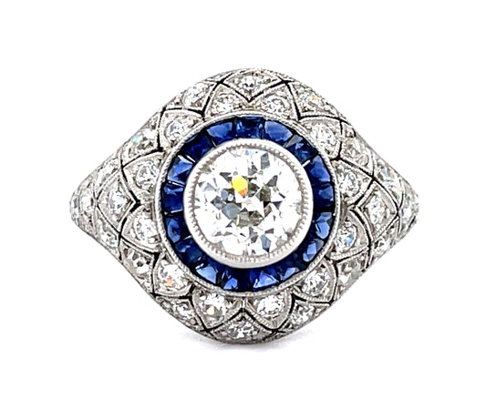 .91ct Old European Diamond Center .98ct Sapphire PT Handmade Ring .40ct SD