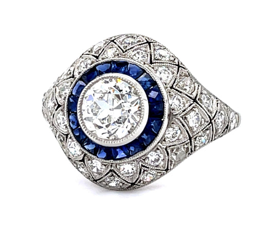 .91ct Old European Diamond Center .98ct Sapphire PT Handmade Ring .40ct SD